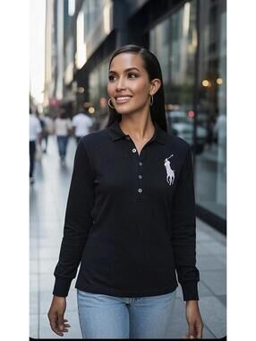 RALPH LAUREN BLUE LABEL Women’s Slim Fit Long-Sleeve Mesh Polo in Black-Medium